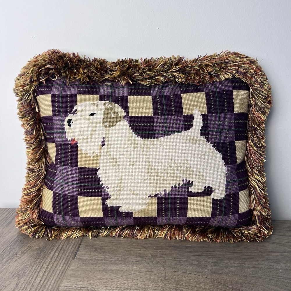 VTG Wool needlepoint Embroidery pillow West Highland White Terrier Dog 15x11